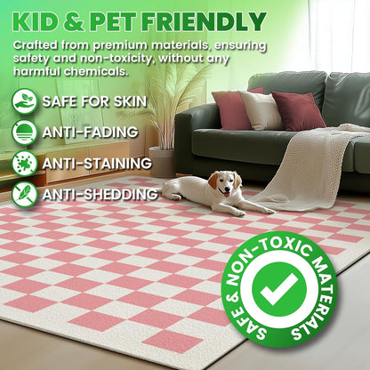 Washable Checkered Rug, 5x7 Pink Checkerboard Modern Foldable Large Area Rugs for Living Room, Low Pile Ultra-Thin Non-Slip Indoor Doormat Carpet for Office Bedroom Playroom Classroom Dorm