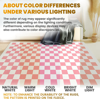 Washable Checkered Rug, 5x7 Pink Checkerboard Modern Foldable Large Area Rugs for Living Room, Low Pile Ultra-Thin Non-Slip Indoor Doormat Carpet for Office Bedroom Playroom Classroom Dorm