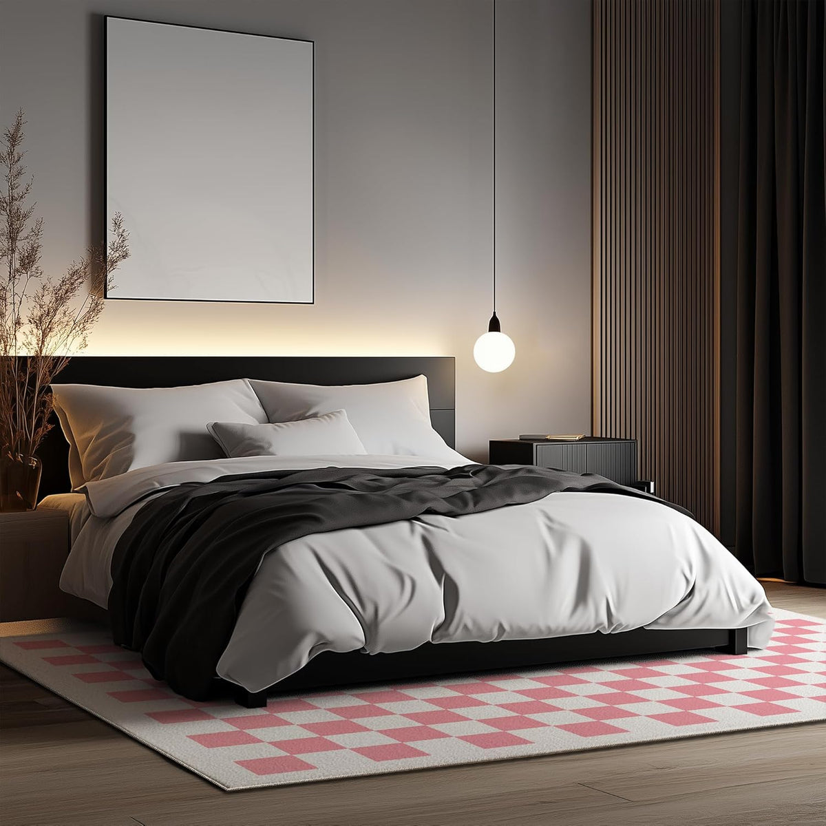 Washable Checkered Rug, 5x7 Pink Checkerboard Modern Foldable Large Area Rugs for Living Room, Low Pile Ultra-Thin Non-Slip Indoor Doormat Carpet for Office Bedroom Playroom Classroom Dorm