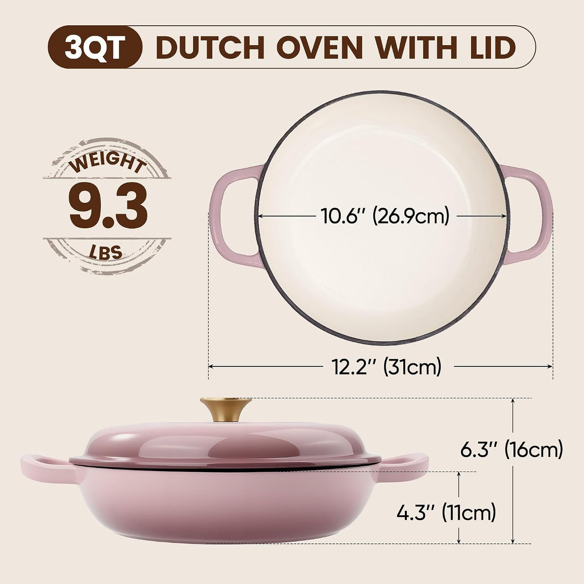 Vintage Style 3 Quart Enameled Cast Iron Braiser, Non Stick Enameled Cast Iron Skillet with Lid, Dutch Oven Skillet with lid up to 500°F for Oven, Stove, Grill, Shallow Dutch Oven for Cook, Bake (Pink)