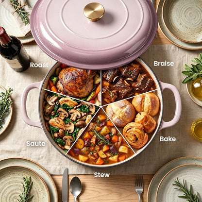 Vintage Style 3 Quart Enameled Cast Iron Braiser, Non Stick Enameled Cast Iron Skillet with Lid, Dutch Oven Skillet with lid up to 500°F for Oven, Stove, Grill, Shallow Dutch Oven for Cook, Bake (Pink)