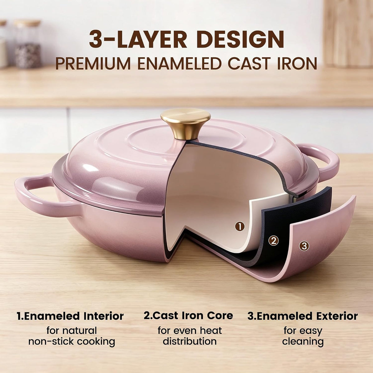 Vintage Style 3 Quart Enameled Cast Iron Braiser, Non Stick Enameled Cast Iron Skillet with Lid, Dutch Oven Skillet with lid up to 500°F for Oven, Stove, Grill, Shallow Dutch Oven for Cook, Bake (Pink)