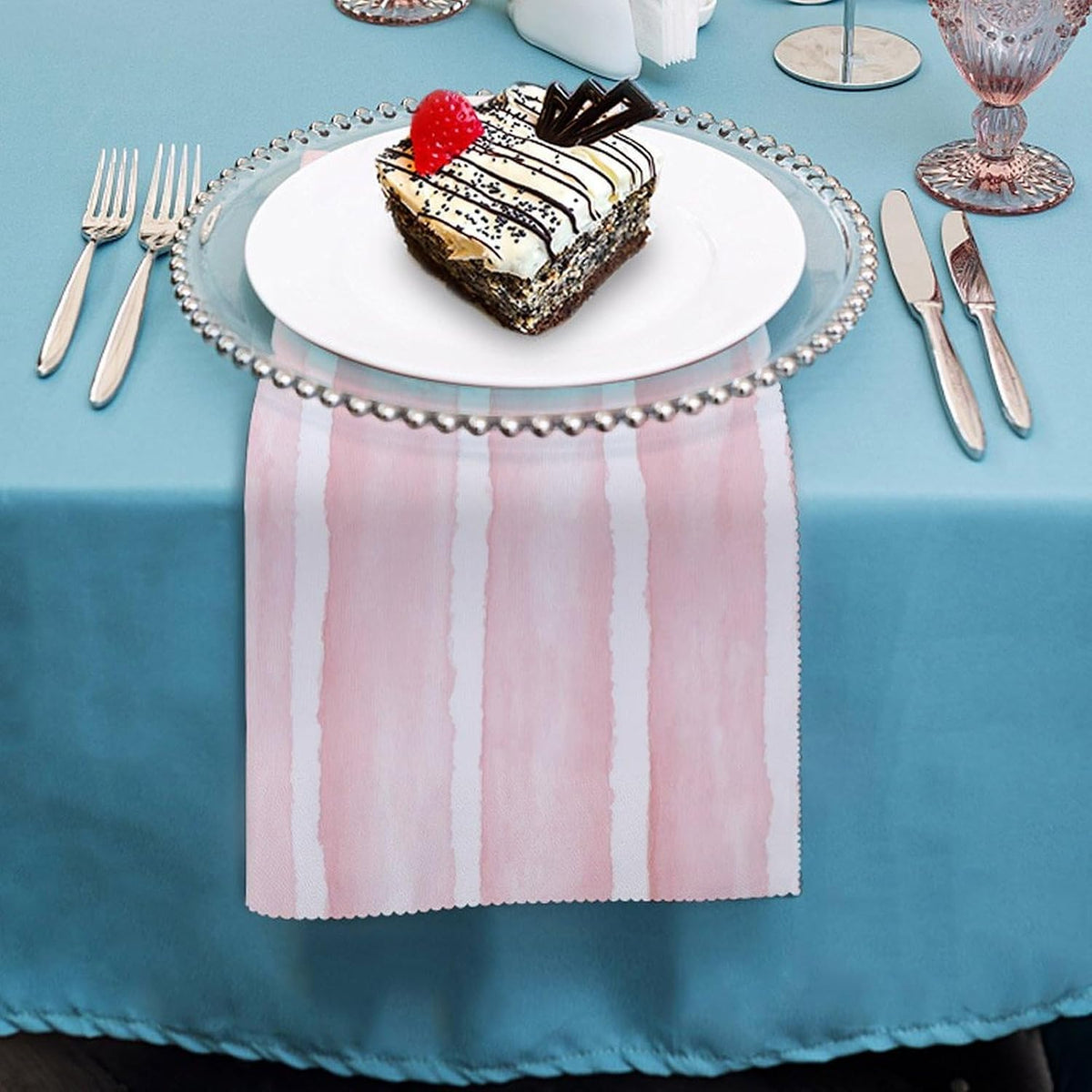 Pastel Pink Watercolor Wide Stripe Pattern Cloth Napkins Set of 6, Square Premium Reusable Washable Polyester Table Linen Napkin for Dinner Party