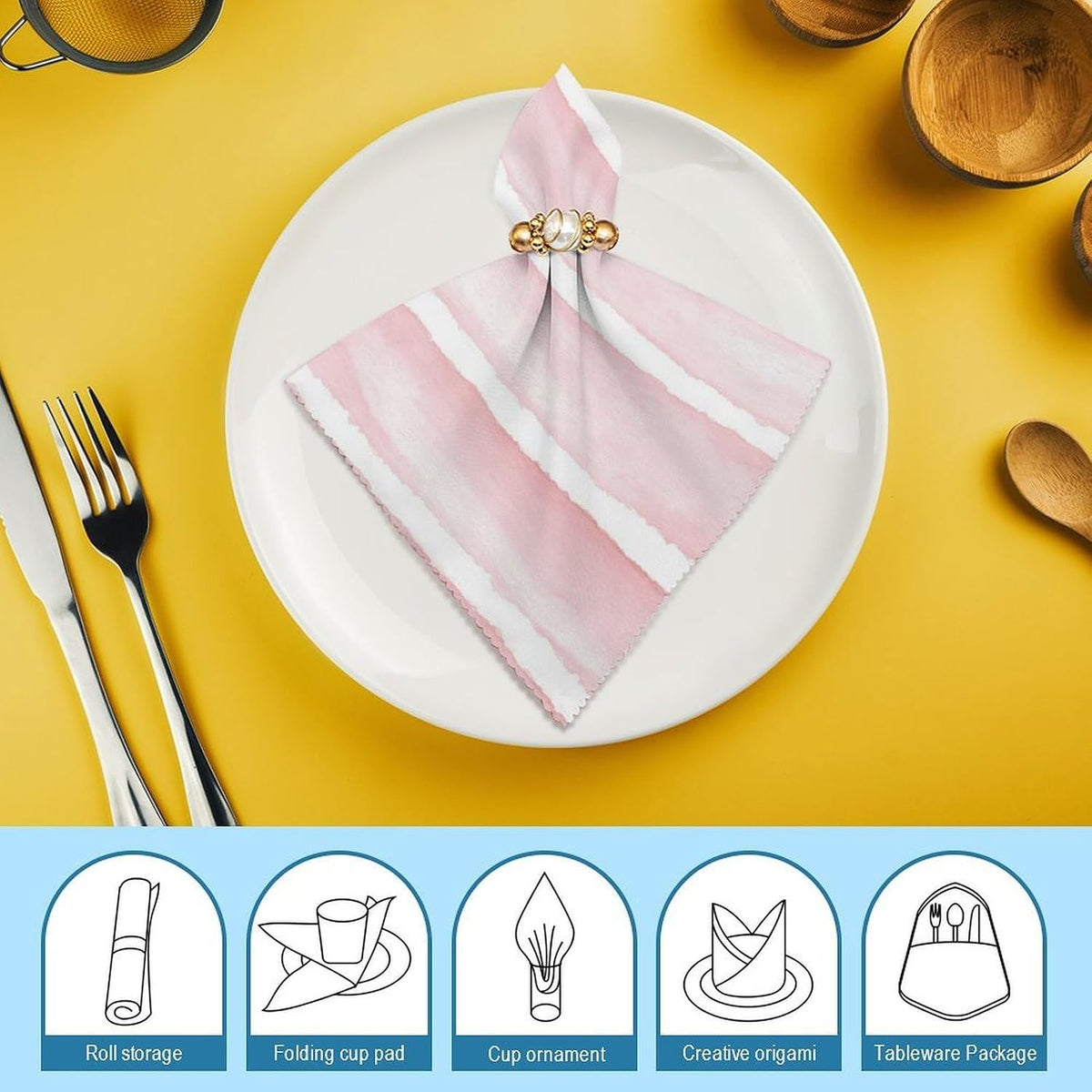 Pastel Pink Watercolor Wide Stripe Pattern Cloth Napkins Set of 6, Square Premium Reusable Washable Polyester Table Linen Napkin for Dinner Party