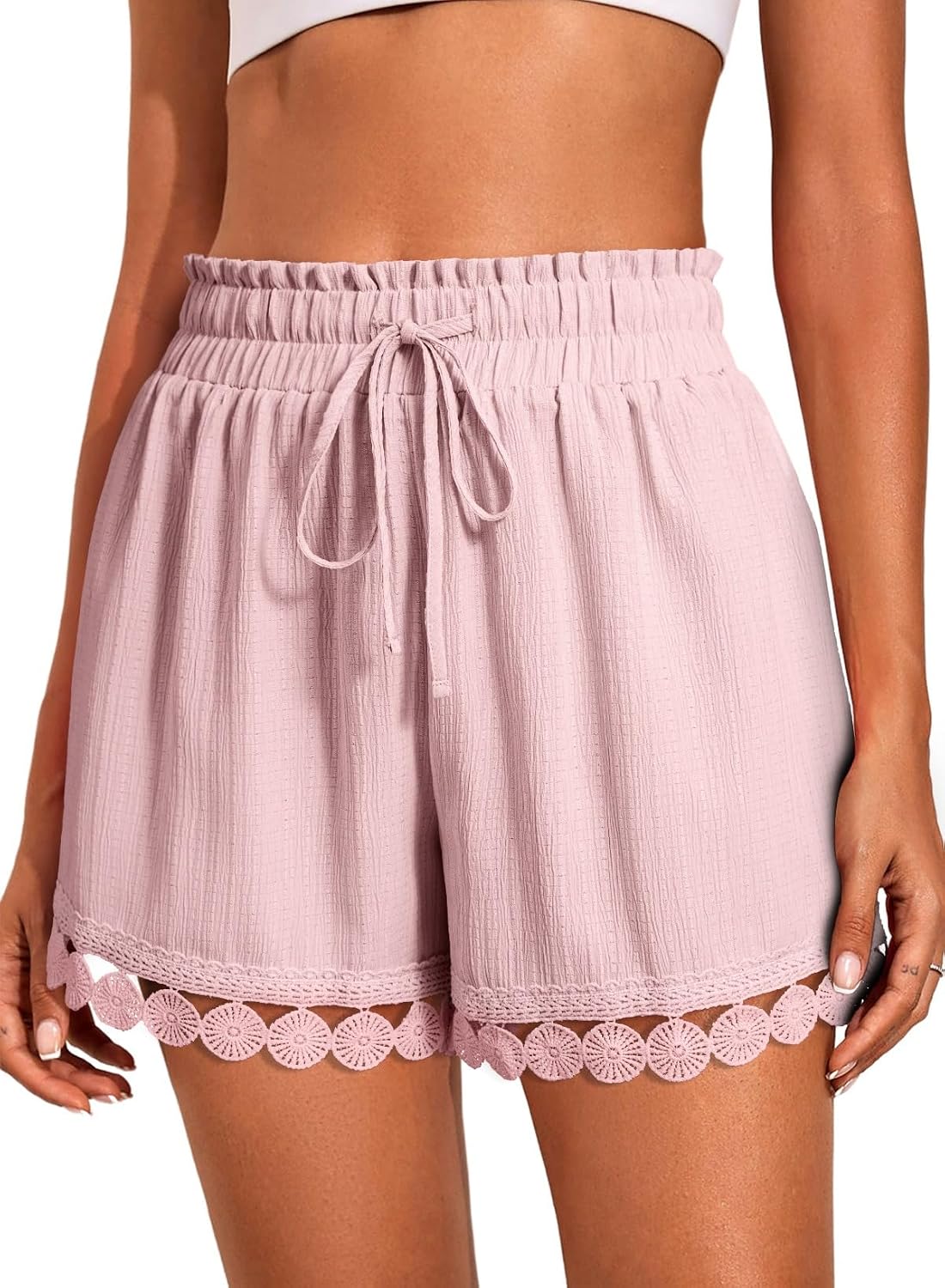 Womens Shorts Summer Casual Loose Elastic Waist Drawstring Lace Boho Beach Cover Up Shorts