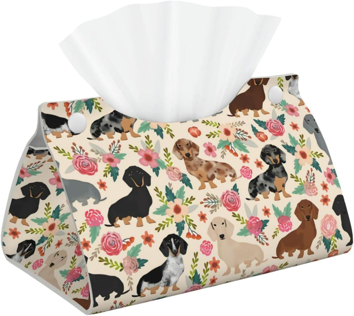 Dachshund Sausage Dogs Pink Flowers Print Tissue Box Cover Rectangle PU Leather Facial Case Paper Holder Organizer for Decor Bathroom Vanity Countertop Bedroom Dresser Night Stand Desk Car Office