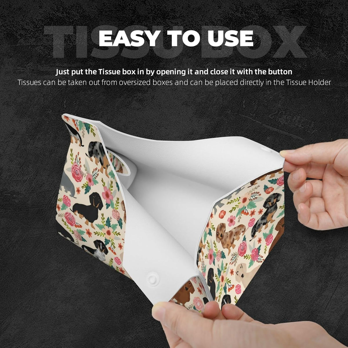 Dachshund Sausage Dogs Pink Flowers Print Tissue Box Cover Rectangle PU Leather Facial Case Paper Holder Organizer for Decor Bathroom Vanity Countertop Bedroom Dresser Night Stand Desk Car Office
