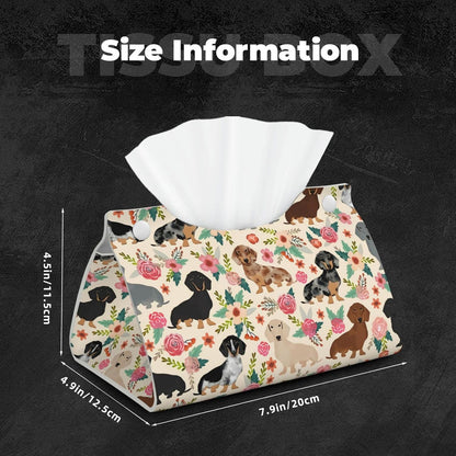 Dachshund Sausage Dogs Pink Flowers Print Tissue Box Cover Rectangle PU Leather Facial Case Paper Holder Organizer for Decor Bathroom Vanity Countertop Bedroom Dresser Night Stand Desk Car Office
