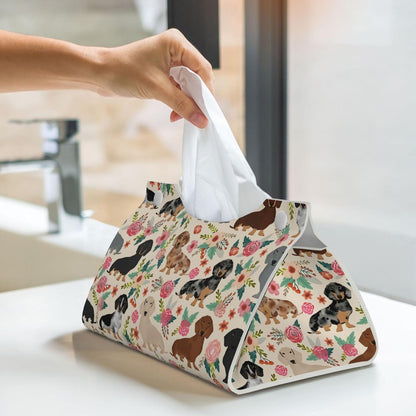 Dachshund Sausage Dogs Pink Flowers Print Tissue Box Cover Rectangle PU Leather Facial Case Paper Holder Organizer for Decor Bathroom Vanity Countertop Bedroom Dresser Night Stand Desk Car Office