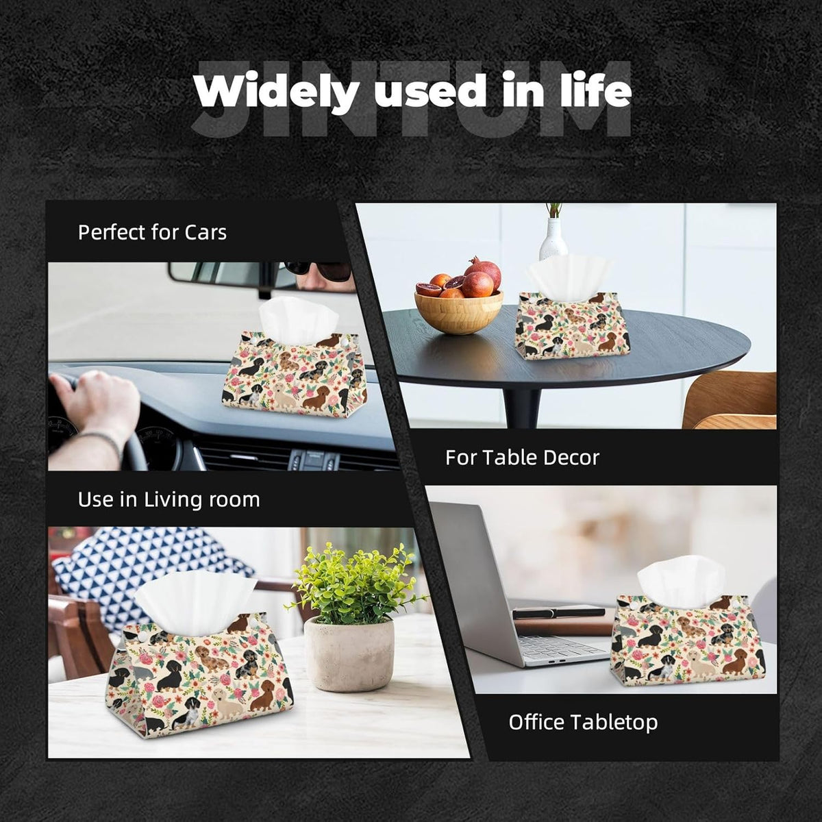 Dachshund Sausage Dogs Pink Flowers Print Tissue Box Cover Rectangle PU Leather Facial Case Paper Holder Organizer for Decor Bathroom Vanity Countertop Bedroom Dresser Night Stand Desk Car Office