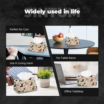 Dachshund Sausage Dogs Pink Flowers Print Tissue Box Cover Rectangle PU Leather Facial Case Paper Holder Organizer for Decor Bathroom Vanity Countertop Bedroom Dresser Night Stand Desk Car Office