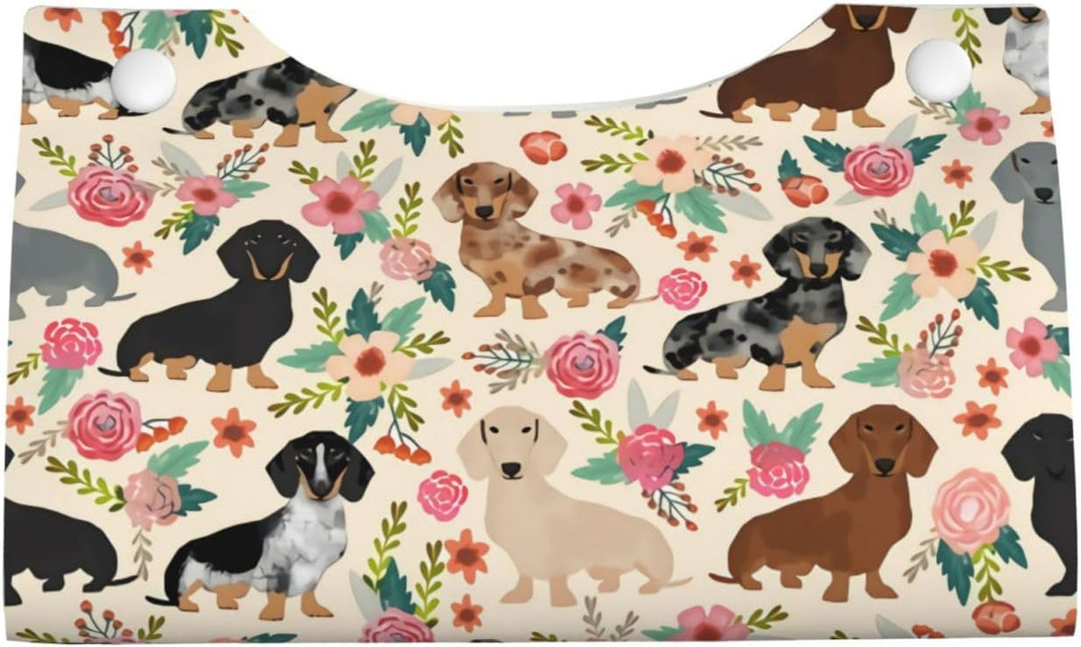 Dachshund Sausage Dogs Pink Flowers Print Tissue Box Cover Rectangle PU Leather Facial Case Paper Holder Organizer for Decor Bathroom Vanity Countertop Bedroom Dresser Night Stand Desk Car Office