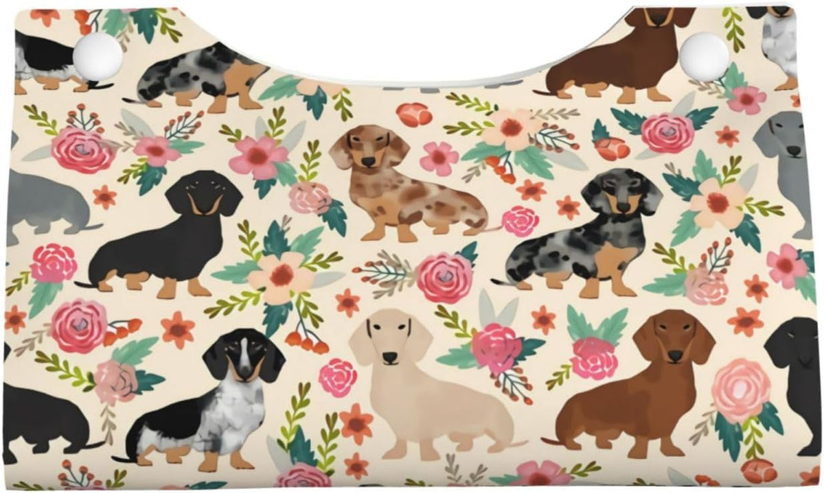 Dachshund Sausage Dogs Pink Flowers Print Tissue Box Cover Rectangle PU Leather Facial Case Paper Holder Organizer for Decor Bathroom Vanity Countertop Bedroom Dresser Night Stand Desk Car Office