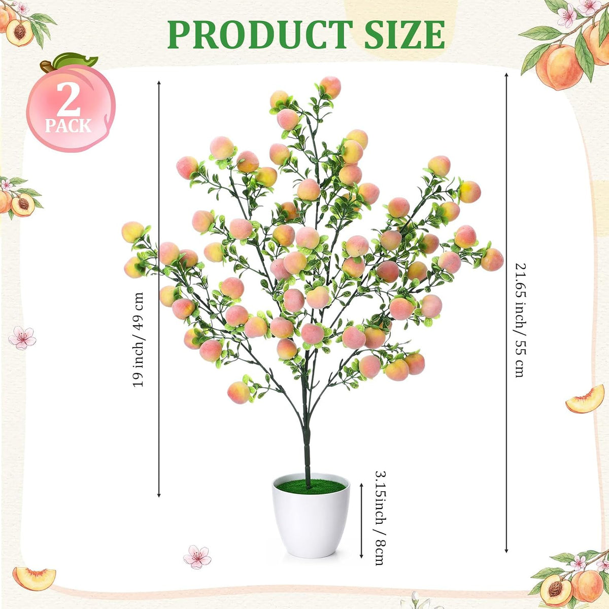 2 Pack Artificial Peach Potted Plants 21.65 Inches Fake Peach Tree Simulation Realistic Fruit Plant with Pot Faux Tree Indoor Decoration for Home Office Living Room Table Desk
