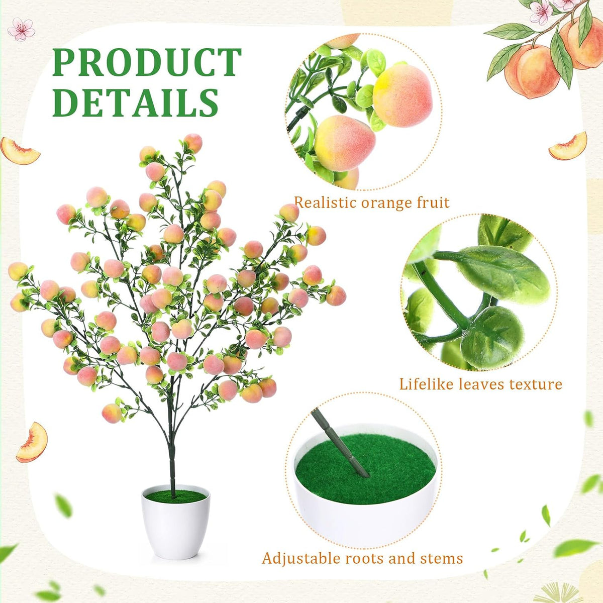 2 Pack Artificial Peach Potted Plants 21.65 Inches Fake Peach Tree Simulation Realistic Fruit Plant with Pot Faux Tree Indoor Decoration for Home Office Living Room Table Desk