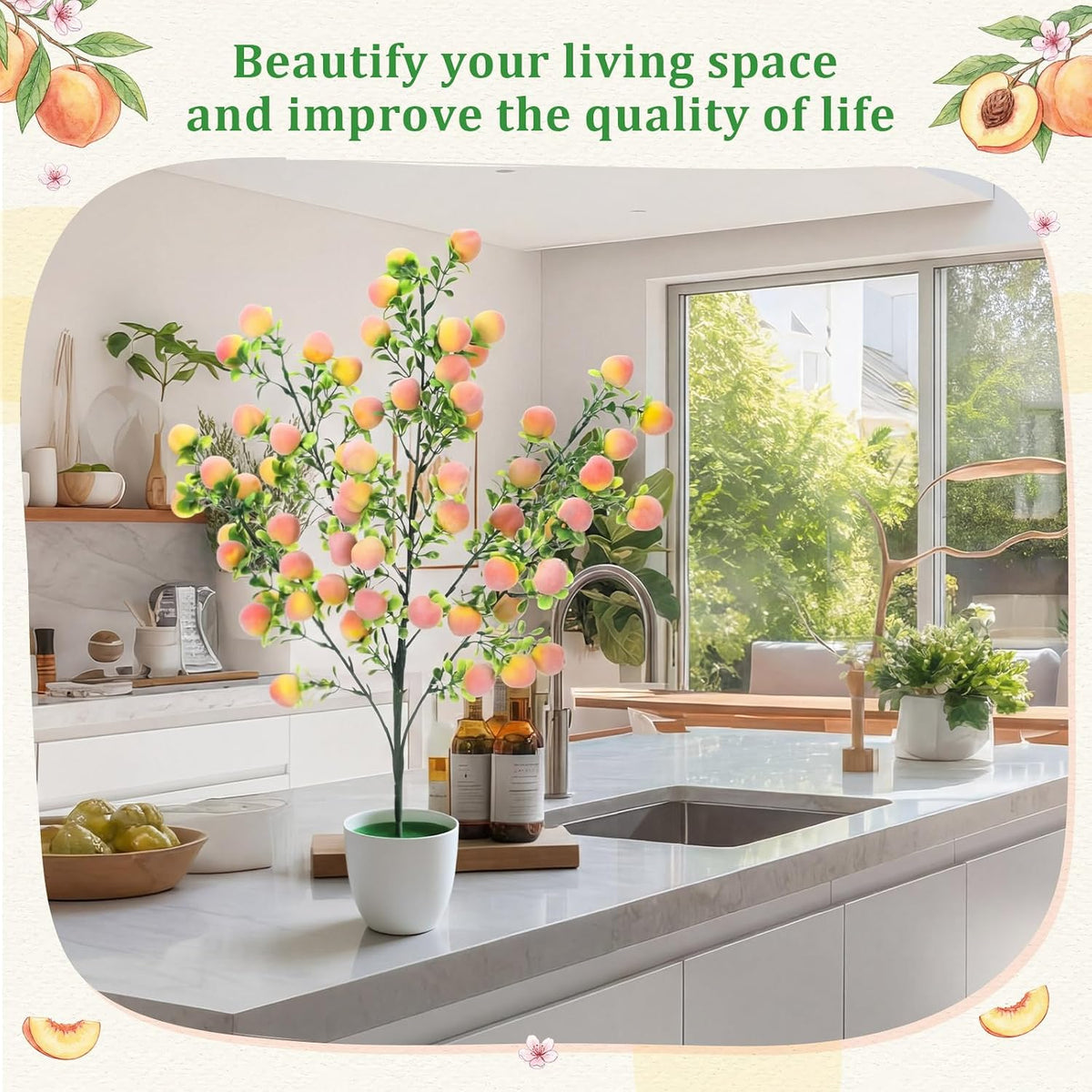 2 Pack Artificial Peach Potted Plants 21.65 Inches Fake Peach Tree Simulation Realistic Fruit Plant with Pot Faux Tree Indoor Decoration for Home Office Living Room Table Desk