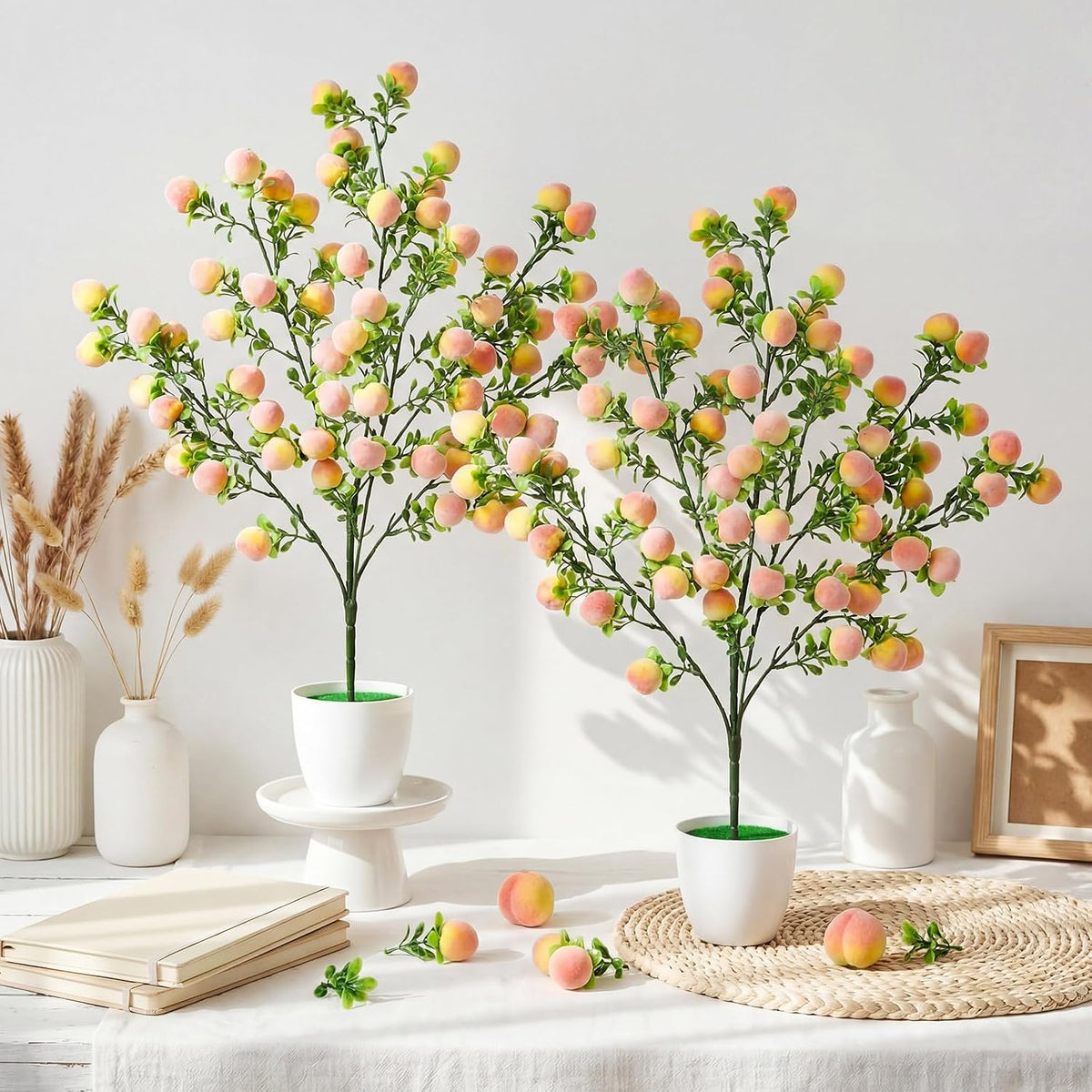 2 Pack Artificial Peach Potted Plants 21.65 Inches Fake Peach Tree Simulation Realistic Fruit Plant with Pot Faux Tree Indoor Decoration for Home Office Living Room Table Desk