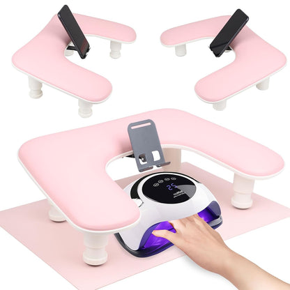 Arm Rest for Nails Tech with Nail Table Mat and Phone Holder,Adjustable Base U-shaped Manicure Nail Hand Rest Stand Pillow Cushion(Pink)
