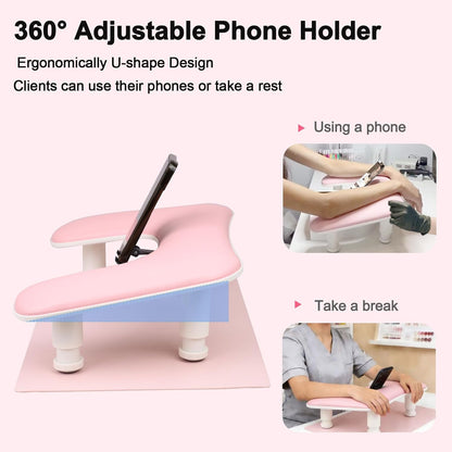 Arm Rest for Nails Tech with Nail Table Mat and Phone Holder,Adjustable Base U-shaped Manicure Nail Hand Rest Stand Pillow Cushion(Pink)