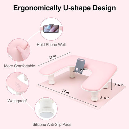 Arm Rest for Nails Tech with Nail Table Mat and Phone Holder,Adjustable Base U-shaped Manicure Nail Hand Rest Stand Pillow Cushion(Pink)