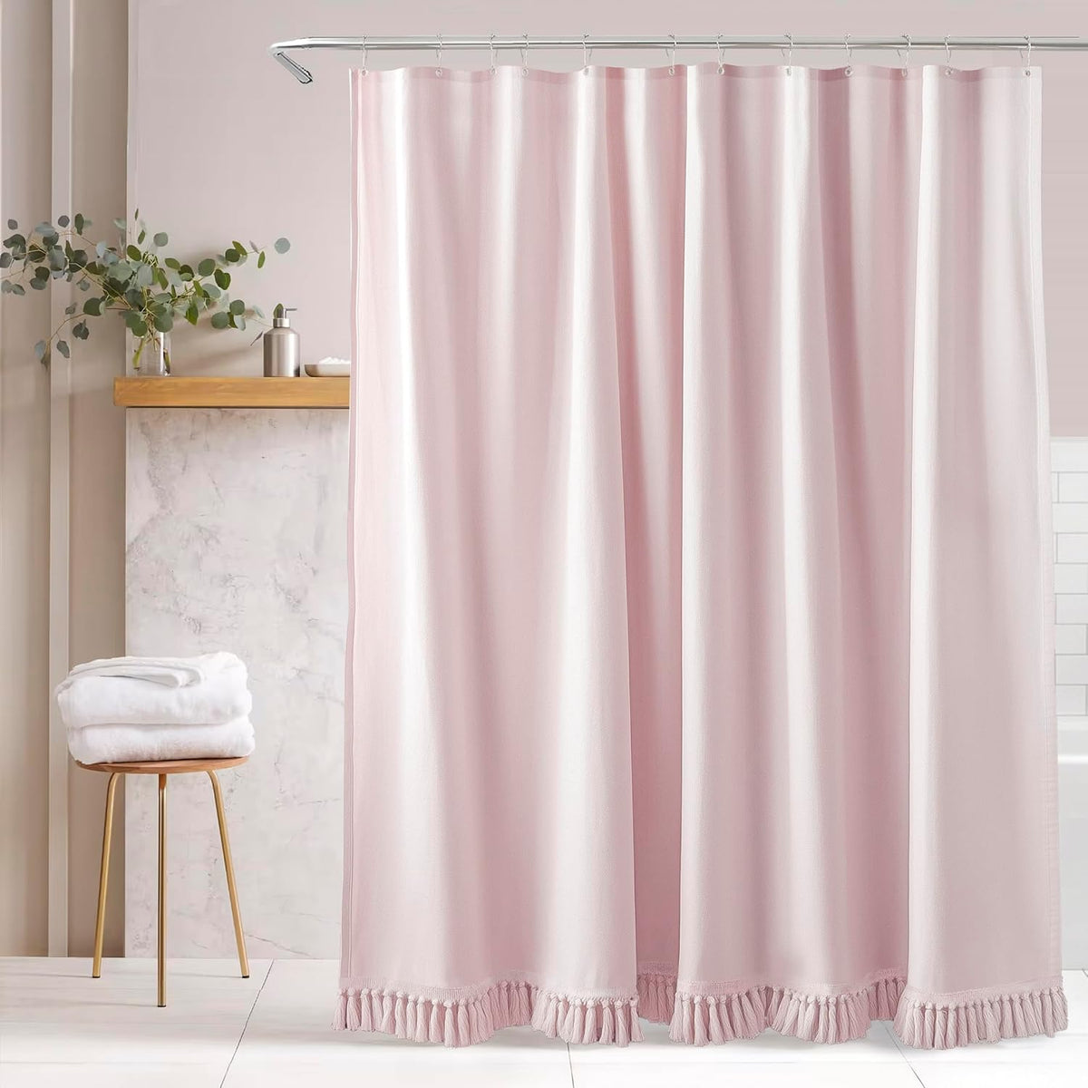 Pink Shower Curtain Linen Shower Curtain with Tassels Boho Shower Curtains for Bathroom Rustic Farmhouse Shower Curtains Bath Decor (72"x72")