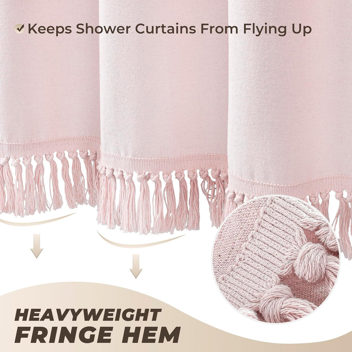 Pink Shower Curtain Linen Shower Curtain with Tassels Boho Shower Curtains for Bathroom Rustic Farmhouse Shower Curtains Bath Decor (72"x72")
