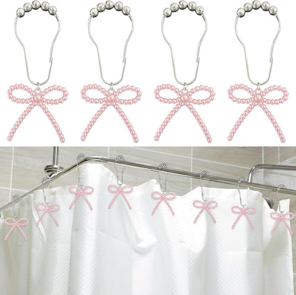 Shower Curtain Hooks Pink, 12 Pack Pink Shower Curtain Hooks with Cute Bow Charms, Cute Shower Hooks Bows for Girl Shower Curtain Decor, Aesthetic Shower Hooks for Bathroom