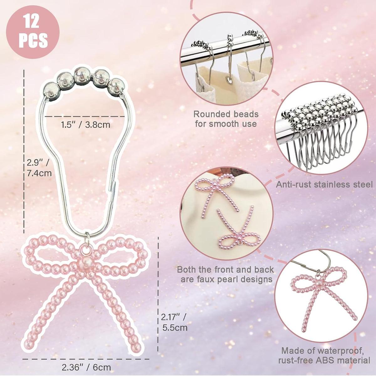 Shower Curtain Hooks Pink, 12 Pack Pink Shower Curtain Hooks with Cute Bow Charms, Cute Shower Hooks Bows for Girl Shower Curtain Decor, Aesthetic Shower Hooks for Bathroom