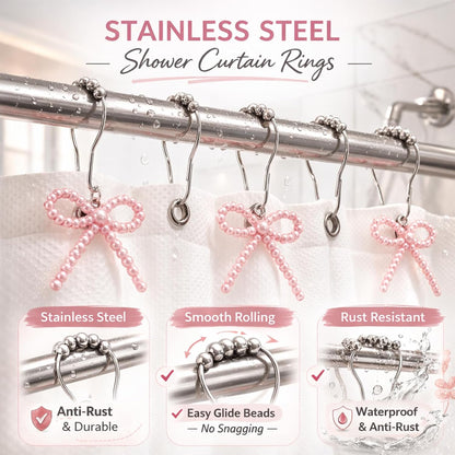 Shower Curtain Hooks Pink, 12 Pack Pink Shower Curtain Hooks with Cute Bow Charms, Cute Shower Hooks Bows for Girl Shower Curtain Decor, Aesthetic Shower Hooks for Bathroom