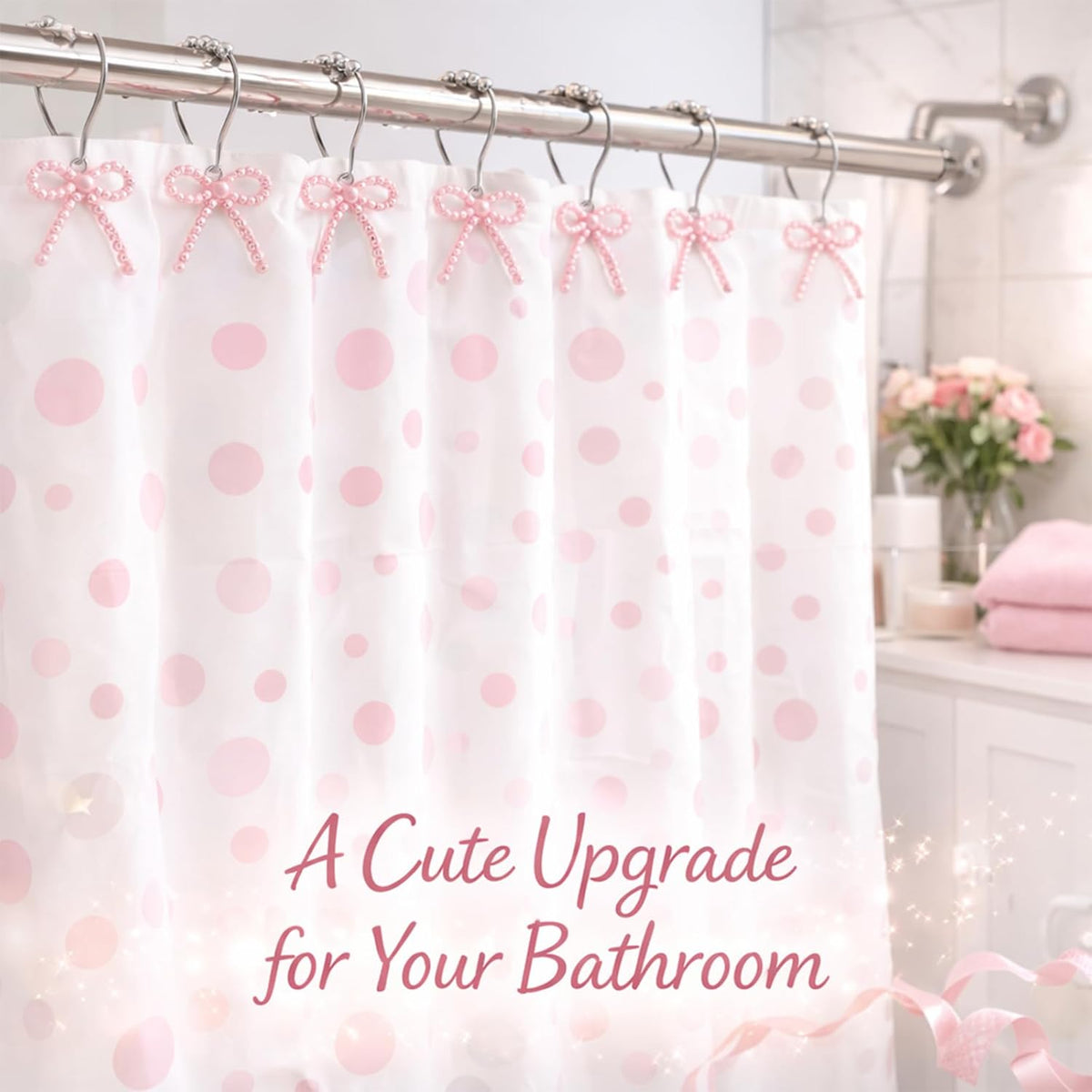 Shower Curtain Hooks Pink, 12 Pack Pink Shower Curtain Hooks with Cute Bow Charms, Cute Shower Hooks Bows for Girl Shower Curtain Decor, Aesthetic Shower Hooks for Bathroom