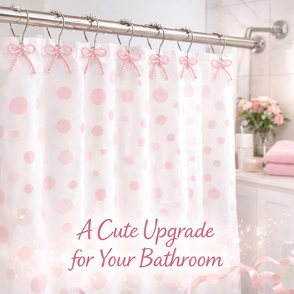 Shower Curtain Hooks Pink, 12 Pack Pink Shower Curtain Hooks with Cute Bow Charms, Cute Shower Hooks Bows for Girl Shower Curtain Decor, Aesthetic Shower Hooks for Bathroom