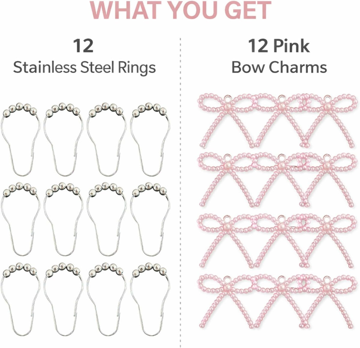 Shower Curtain Hooks Pink, 12 Pack Pink Shower Curtain Hooks with Cute Bow Charms, Cute Shower Hooks Bows for Girl Shower Curtain Decor, Aesthetic Shower Hooks for Bathroom