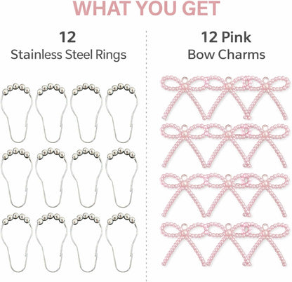 Shower Curtain Hooks Pink, 12 Pack Pink Shower Curtain Hooks with Cute Bow Charms, Cute Shower Hooks Bows for Girl Shower Curtain Decor, Aesthetic Shower Hooks for Bathroom