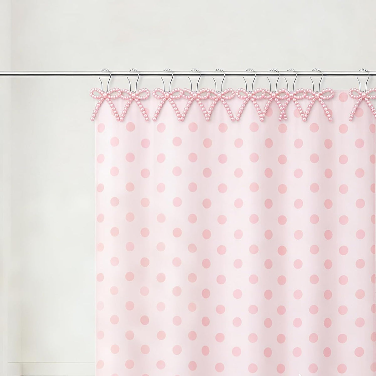 Shower Curtain Hooks Pink, 12 Pack Pink Shower Curtain Hooks with Cute Bow Charms, Cute Shower Hooks Bows for Girl Shower Curtain Decor, Aesthetic Shower Hooks for Bathroom