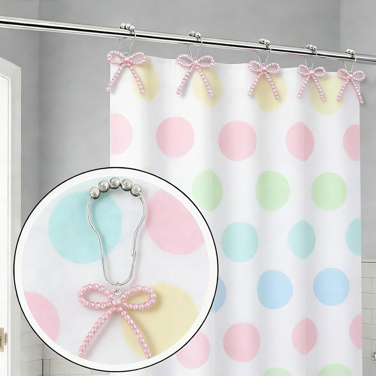 Shower Curtain Hooks Pink, 12 Pack Pink Shower Curtain Hooks with Cute Bow Charms, Cute Shower Hooks Bows for Girl Shower Curtain Decor, Aesthetic Shower Hooks for Bathroom
