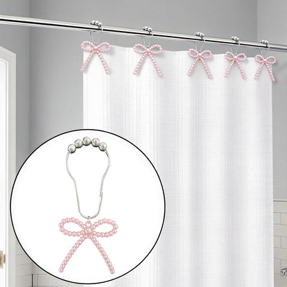 Shower Curtain Hooks Pink, 12 Pack Pink Shower Curtain Hooks with Cute Bow Charms, Cute Shower Hooks Bows for Girl Shower Curtain Decor, Aesthetic Shower Hooks for Bathroom