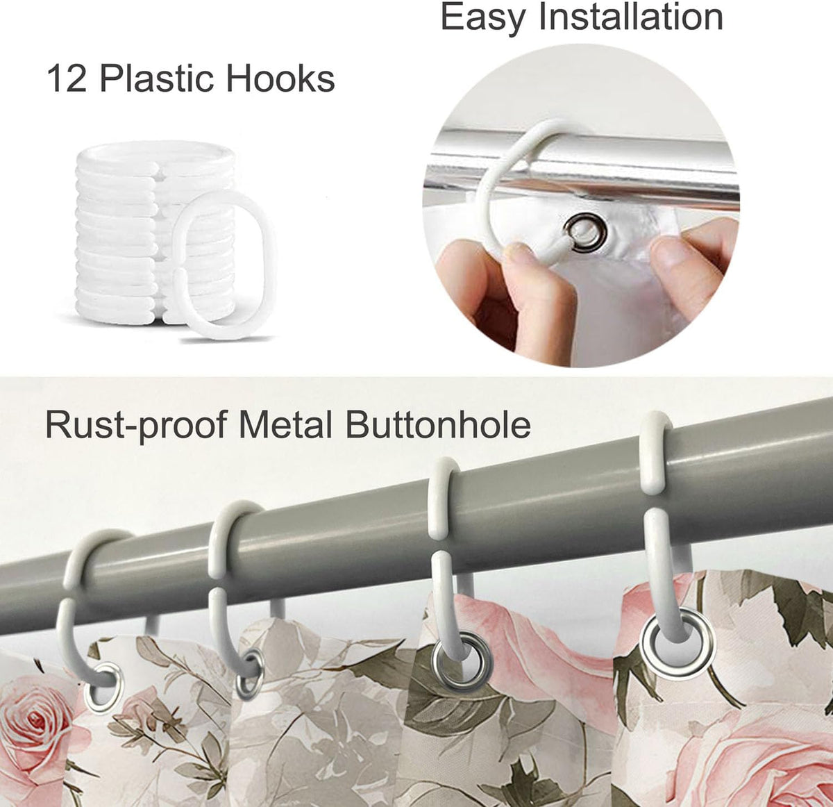 Pink Rose Flower Green Leaf Shower Curtain 72x72 Inch Bathroom Curtains Set Home Waterproof Polyester Fabric with Hooks