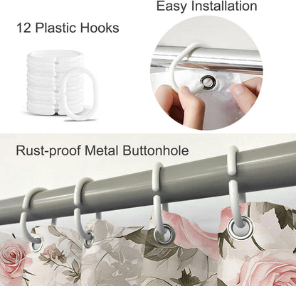 Pink Rose Flower Green Leaf Shower Curtain 72x72 Inch Bathroom Curtains Set Home Waterproof Polyester Fabric with Hooks