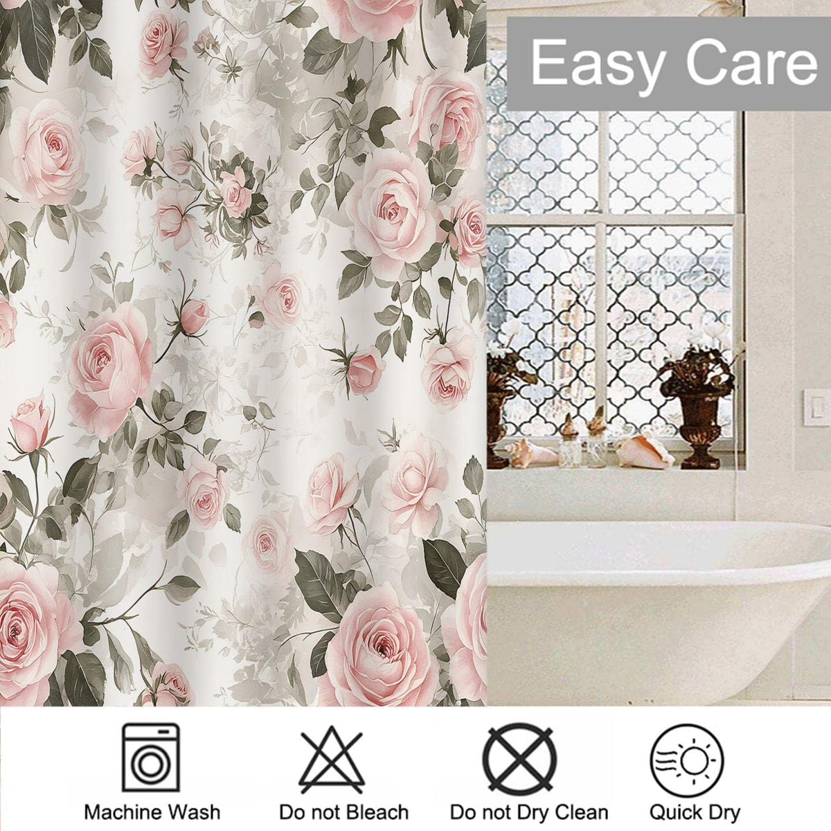 Pink Rose Flower Green Leaf Shower Curtain 72x72 Inch Bathroom Curtains Set Home Waterproof Polyester Fabric with Hooks