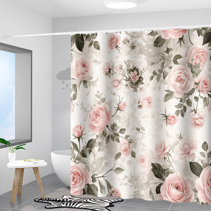 Pink Rose Flower Green Leaf Shower Curtain 72x72 Inch Bathroom Curtains Set Home Waterproof Polyester Fabric with Hooks