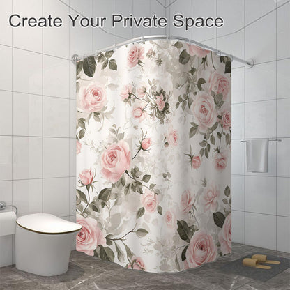 Pink Rose Flower Green Leaf Shower Curtain 72x72 Inch Bathroom Curtains Set Home Waterproof Polyester Fabric with Hooks