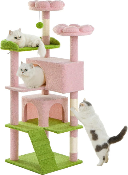 Cat Tree Tower 56" Cat Tower for Indoor Cats Kitten Tree Multi-Level Cat Tree with 2 Condo Furniture Activity Center with Scratching Posts Funny Toys (Pink Flower Green)