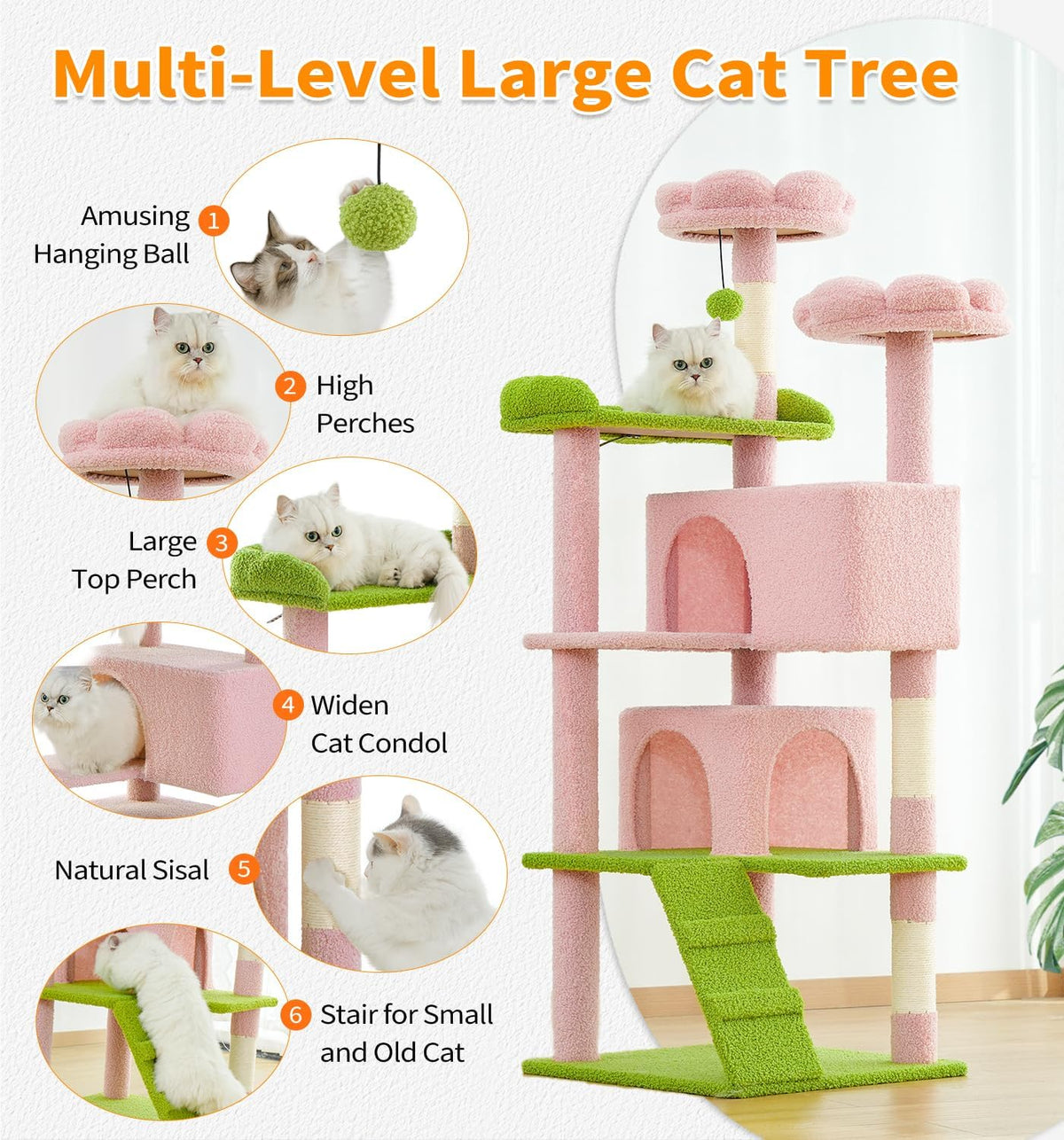 Cat Tree Tower 56" Cat Tower for Indoor Cats Kitten Tree Multi-Level Cat Tree with 2 Condo Furniture Activity Center with Scratching Posts Funny Toys (Pink Flower Green)