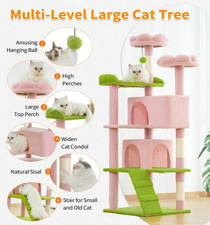 Cat Tree Tower 56" Cat Tower for Indoor Cats Kitten Tree Multi-Level Cat Tree with 2 Condo Furniture Activity Center with Scratching Posts Funny Toys (Pink Flower Green)