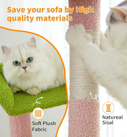 Cat Tree Tower 56" Cat Tower for Indoor Cats Kitten Tree Multi-Level Cat Tree with 2 Condo Furniture Activity Center with Scratching Posts Funny Toys (Pink Flower Green)