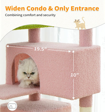 Cat Tree Tower 56" Cat Tower for Indoor Cats Kitten Tree Multi-Level Cat Tree with 2 Condo Furniture Activity Center with Scratching Posts Funny Toys (Pink Flower Green)