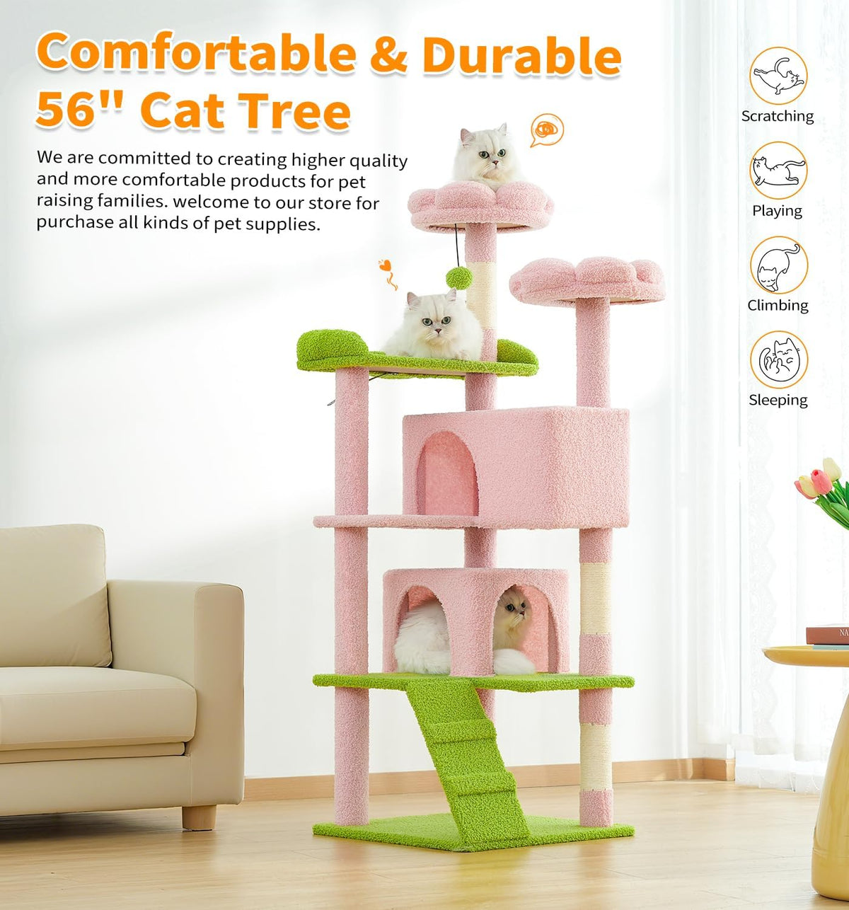 Cat Tree Tower 56" Cat Tower for Indoor Cats Kitten Tree Multi-Level Cat Tree with 2 Condo Furniture Activity Center with Scratching Posts Funny Toys (Pink Flower Green)