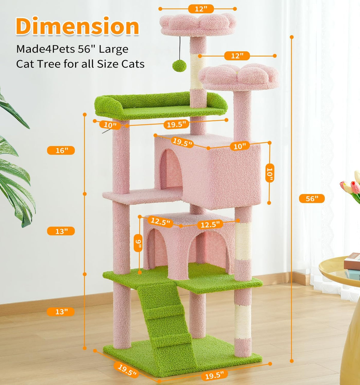 Cat Tree Tower 56" Cat Tower for Indoor Cats Kitten Tree Multi-Level Cat Tree with 2 Condo Furniture Activity Center with Scratching Posts Funny Toys (Pink Flower Green)