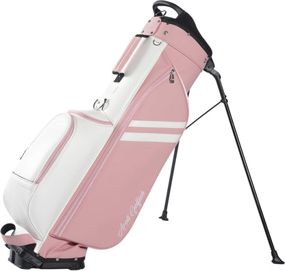 4-Way Full-Length Dividers Golf Bag Lightweight Waterproof PU Leather Single Lady Golf Stand Bag Women/Men, Pink and White