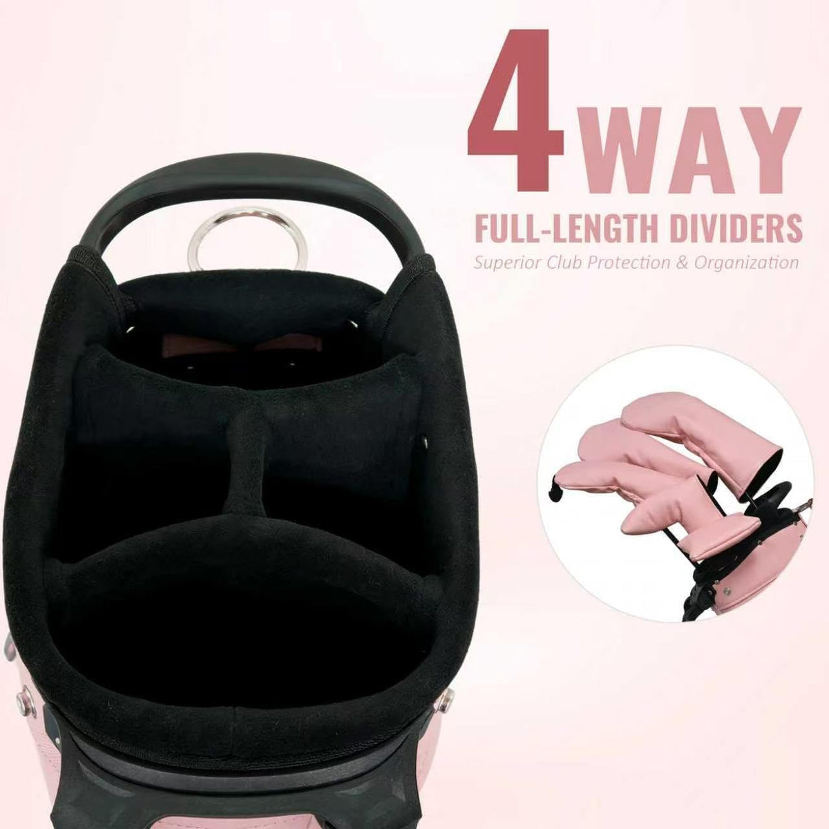 4-Way Full-Length Dividers Golf Bag Lightweight Waterproof PU Leather Single Lady Golf Stand Bag Women/Men, Pink and White